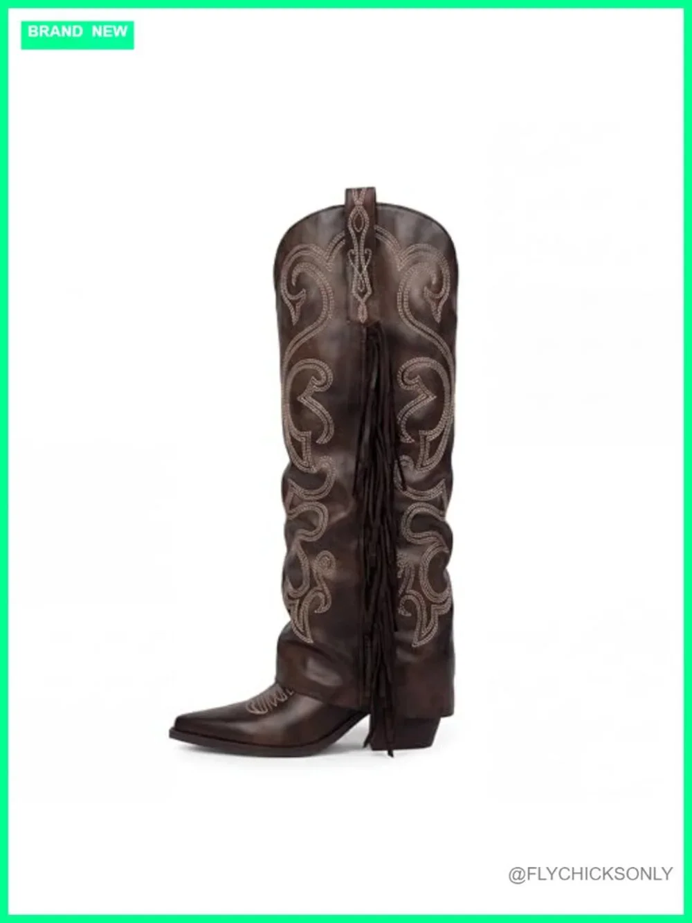 Fold Over Fringe Embroidered Western Cowboy Boots Pointy Toe Chunky Block High